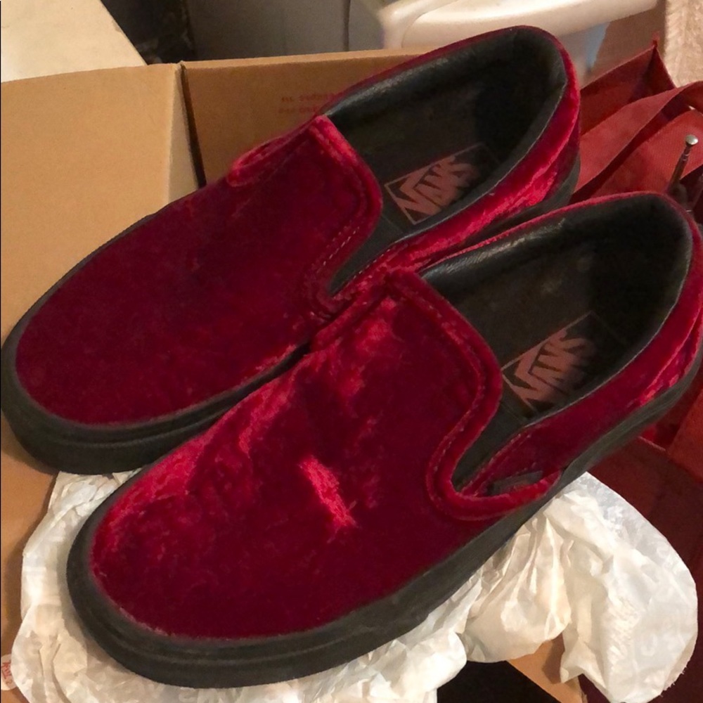Red velvet vans slip ons